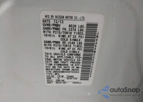 2014 Nissan Rogue Select S z USA, uszkodzony, nr VIN JN8AS5MV0EW700854